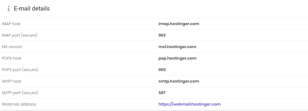 This image displays the email protocols and ports used by a Hostinger email account.