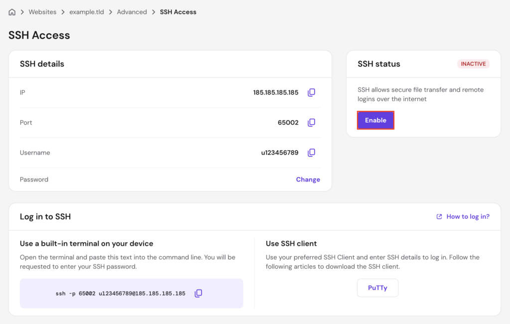 The Enable button in the SSH Access page of hPanel