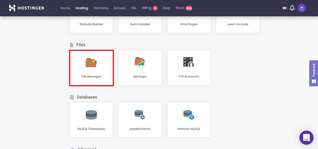 This image shows you how to access File Manager from your hpanel dashboard.