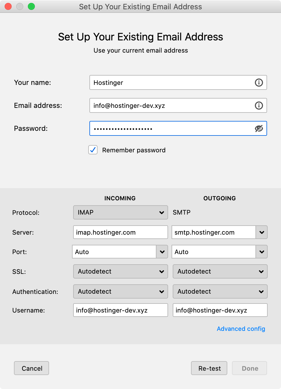 Setting up a new email account with Mozilla Thunderbird.