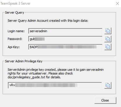 TeamSpeak server software setup on Windows machine. It provides the user with login credentials and server admin key