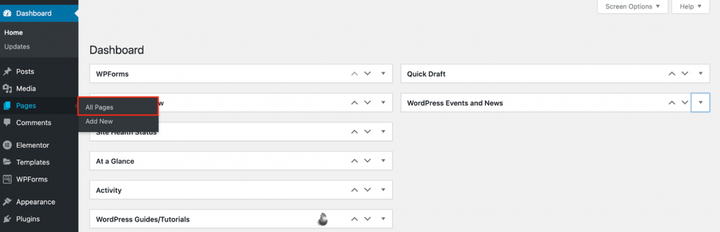 The Pages menu on the WordPress admin panel, showing where to click All Pages