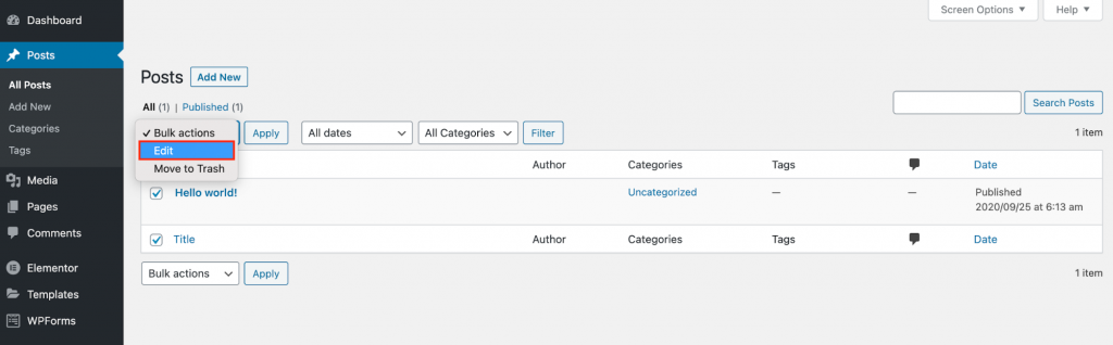 The Posts page on the WordPress admin panel, showing how to click Edit in bulk