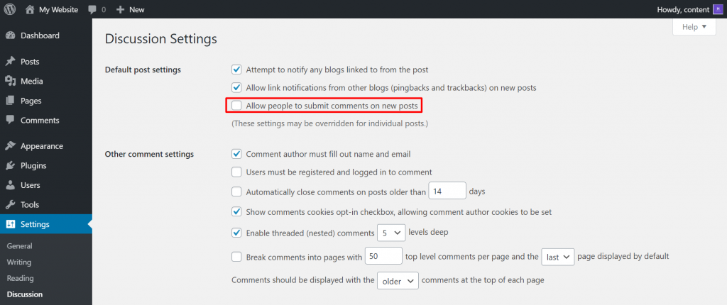 The Discussion Settings page on the WordPress admin panel, showing how to disable Allow people to submit comments on new posts