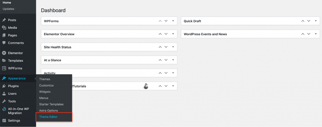 The Appearance menu on the WordPress admin panel, showing where to access the Theme Editor