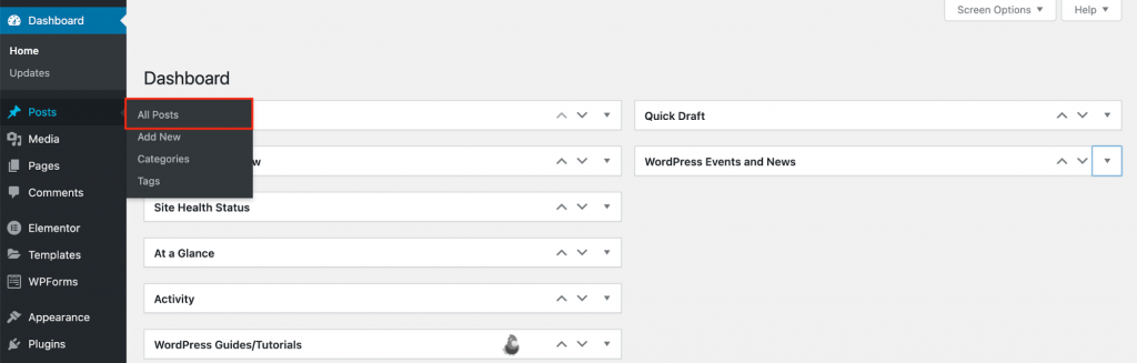 The Posts menu on the WordPress admin panel, showing where to click All Posts