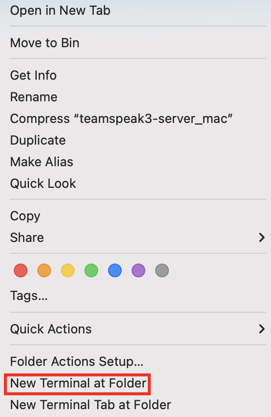 macOS window showing all the right-click options for a file or folder. Border indicates a button to create a new terminal window for a folder that the user is currently in