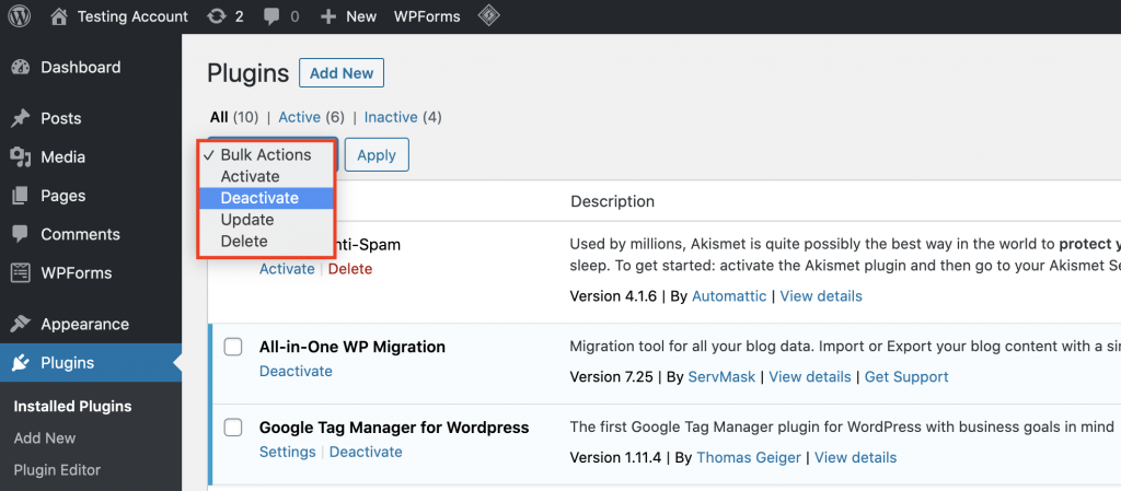 Wordpress dashboard deactivating plugins