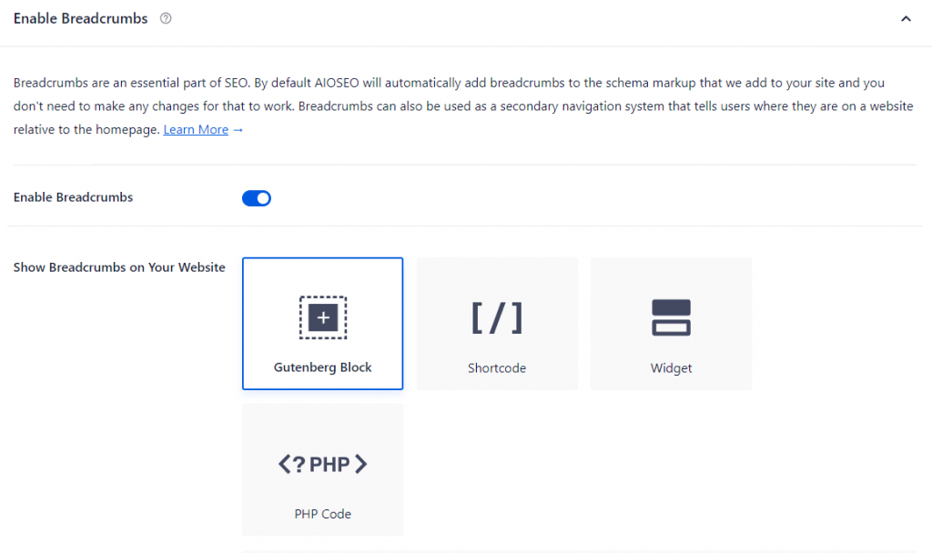 AIOSEO settings panel, showing the breadcrumbs setting options