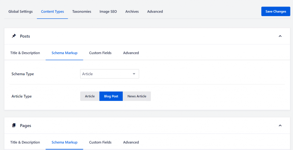 AIOSEO settings panel, showing the schema markup section