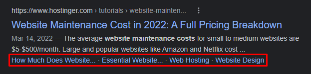 Example of heading tags displayed on a Google search result