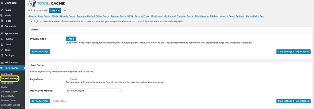 The W3 Total Cache General Settings Page