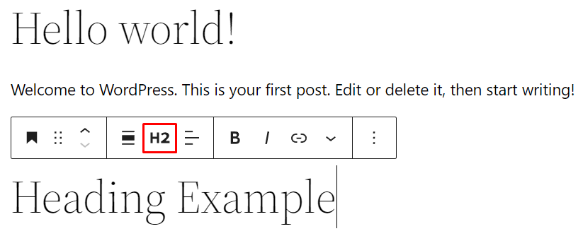 WordPress heading block, highlighting the heading tag settings