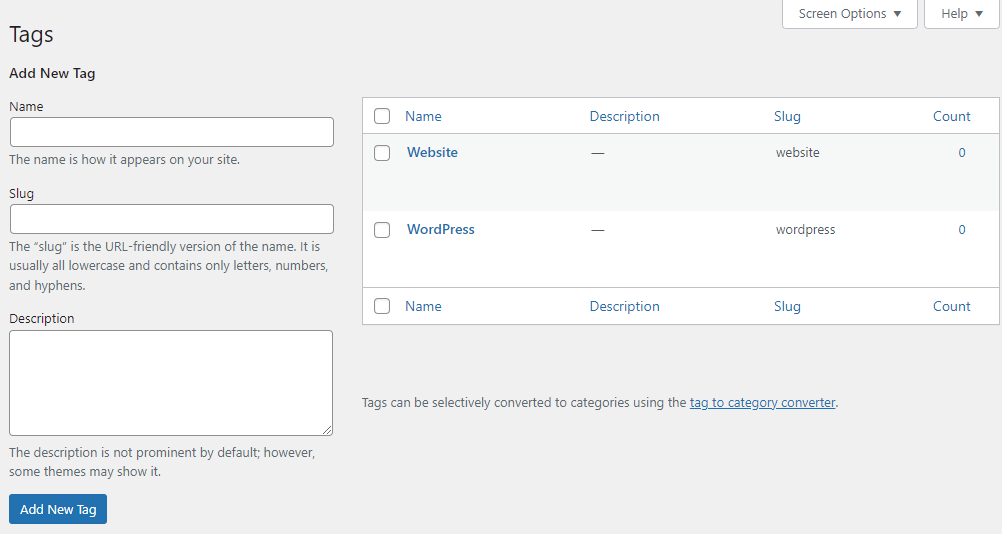 WordPress tags panel