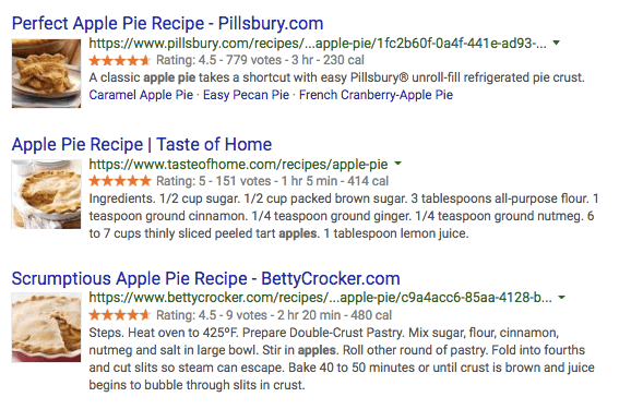 Examples of a Schema markup for the keyword "apple pie recipe"