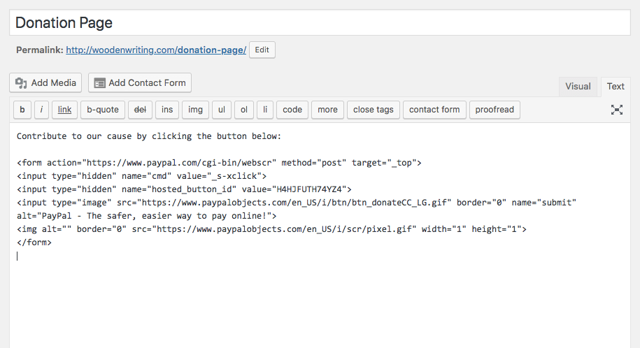 Adding a PayPal donate button to a WordPress post.