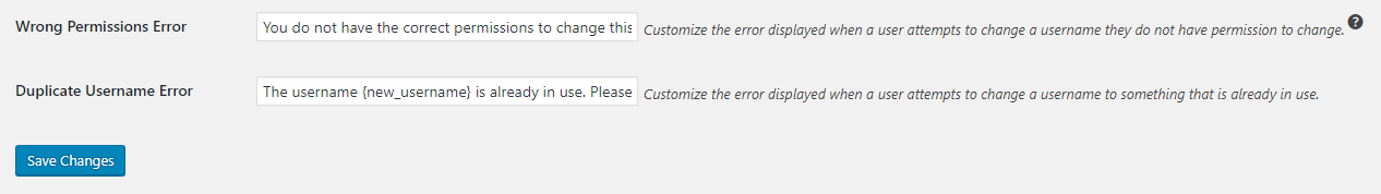 Configuring a duplicate username error.