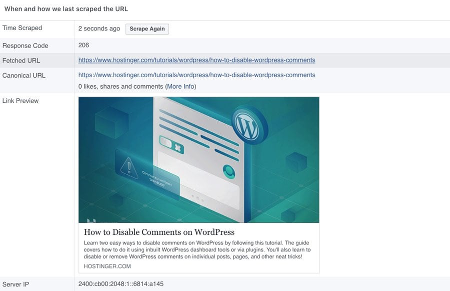 Contoh link WordPress yang ditampilkan di Facebook.