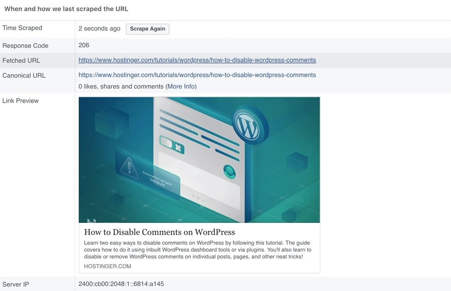 An example of how a WordPress link looks in Facebook.