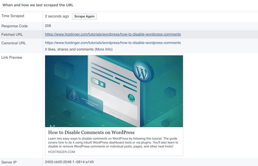 An example of how a WordPress link looks in Facebook