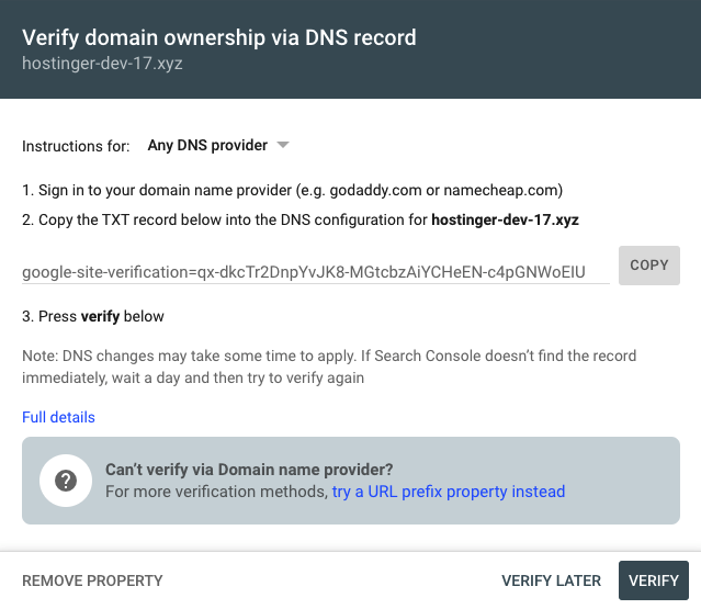 verify example to add your domain on google search console
