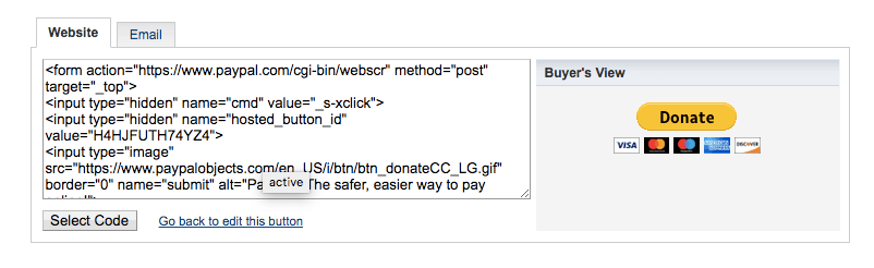 Retrieving PayPal donate button code.