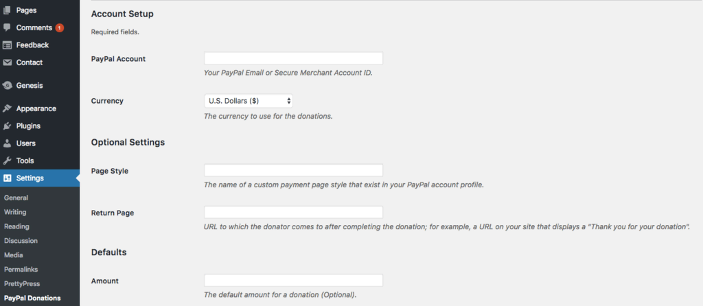 Configuring PayPal donate button in WordPress dashboard.