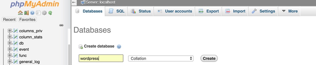 create database in phpMyAdmin Database Tab  Instructions to install WordPress on localhost using XAMPP phpMyAdmin Database Tab