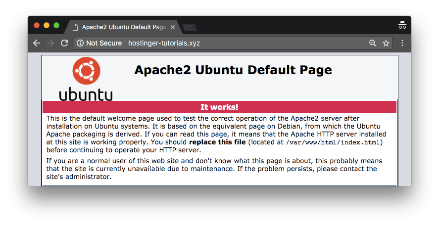 The Ubuntu VPS default loading page indicating the domain is successfully pointing to the NS