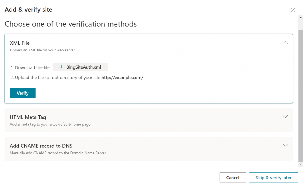 Verifying site on Bing Webmaster Tools