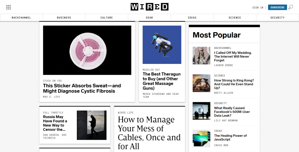 Screenshot of Wired homepage