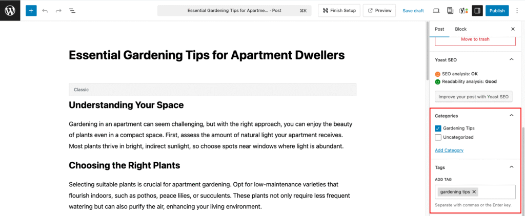 Categories and tags section in WordPress