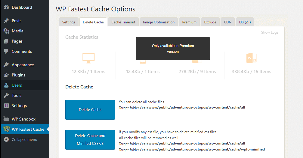 WP Fastest Cache plugin options page