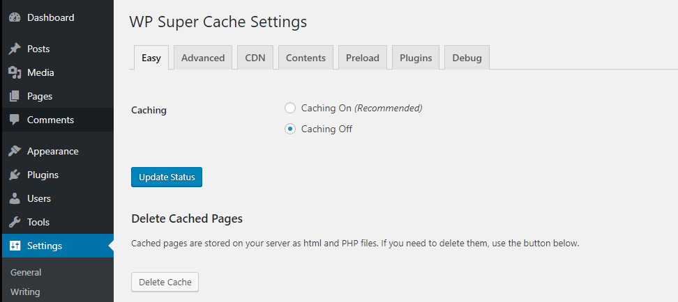 WP Super Cache plugin settings page