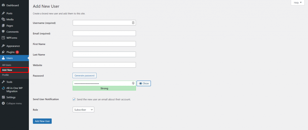 Add new user in WordPress dashboard
