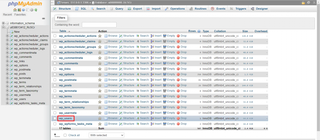 Database table in phpMyAdmin dashboard