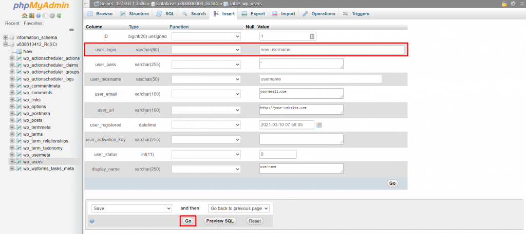 New username field in phpMyAdmin