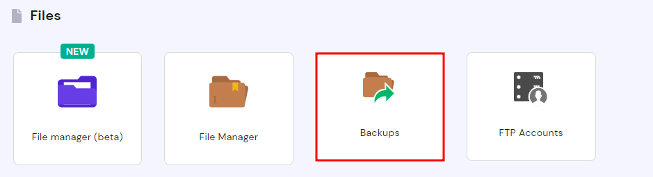 Selecting the Backups menu inside the Hosting Account panel on Hostinger.