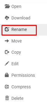 Selecting the Rename option on Hostinger's File Manager.