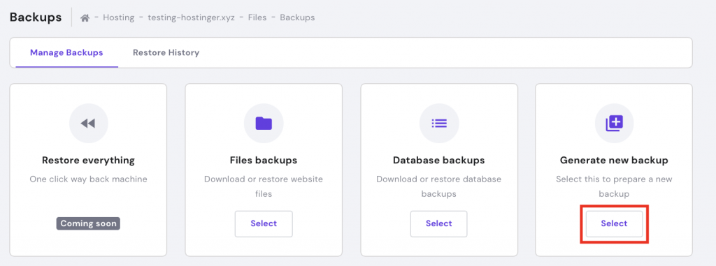 Hostinger hPanel backups section with generate a new backup button highlighted