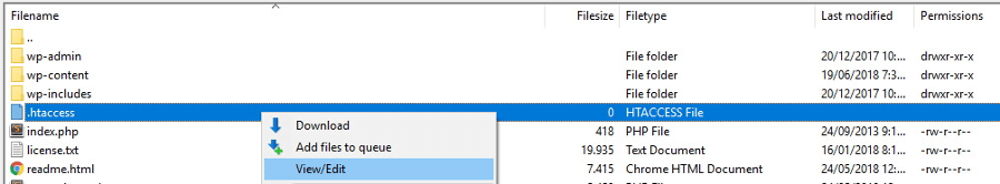Selecting View/Edit on the .htaccess file in the FTP application.