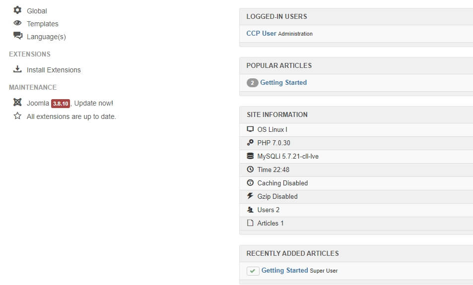 Le tableau de bord Joomla.