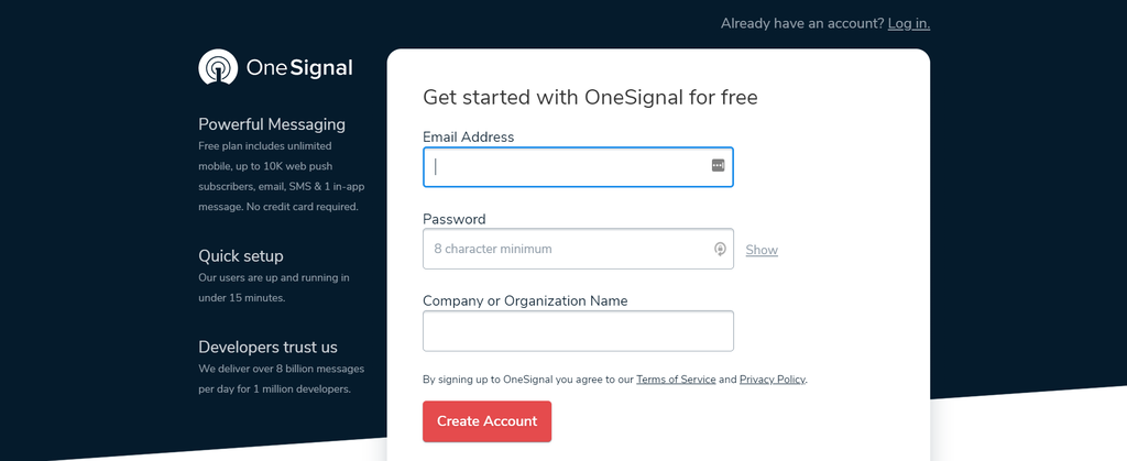 Screenshot of the OneSignal sign up form