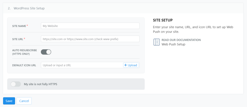 Screenshot of OneSignal's site setup form