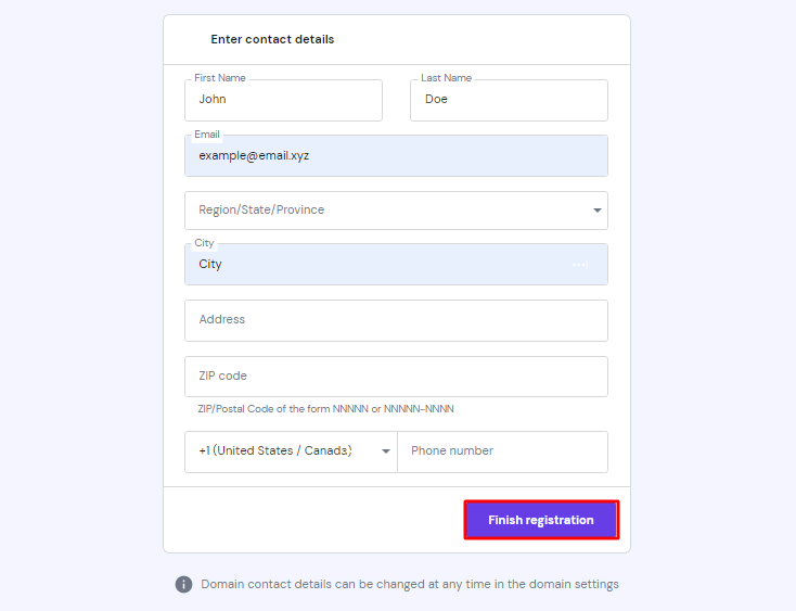 The Enter Contact Details box for domain registration on Hostinger's hPanel.
