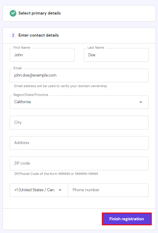 The Enter Contact Details box for domain registration on hPanel with Finish registration highlighted