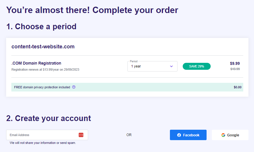 The Hostinger Domain Checker shopping cart page showing the Choose a Period and Create Your Account steps of the domain purchasing checkout process.
