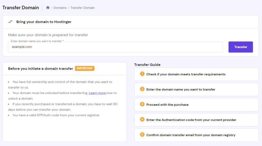 The "Transfer Domain" section on hPanel