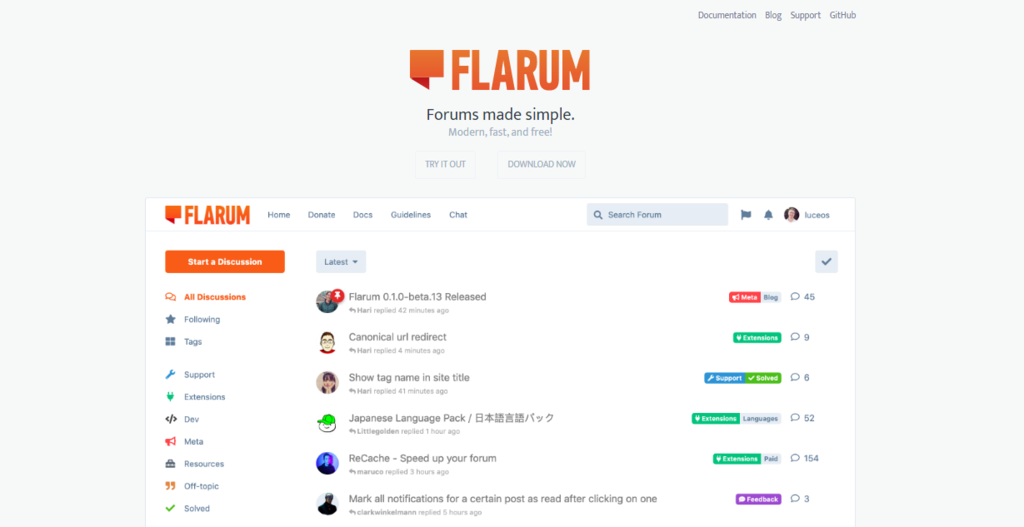 Screenshot of Flarum homepage