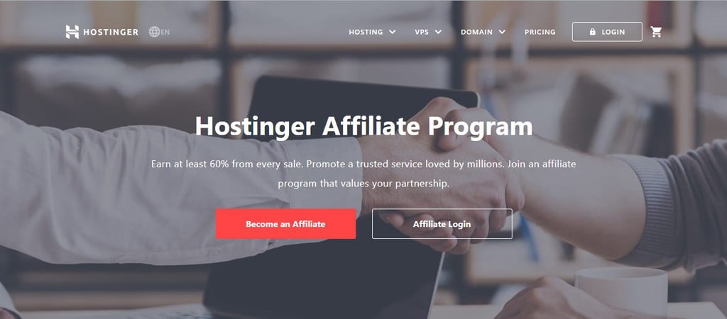Hostinger Affiliate Program frontpage where you can learn more about the ins and outs of affiliate marketing.